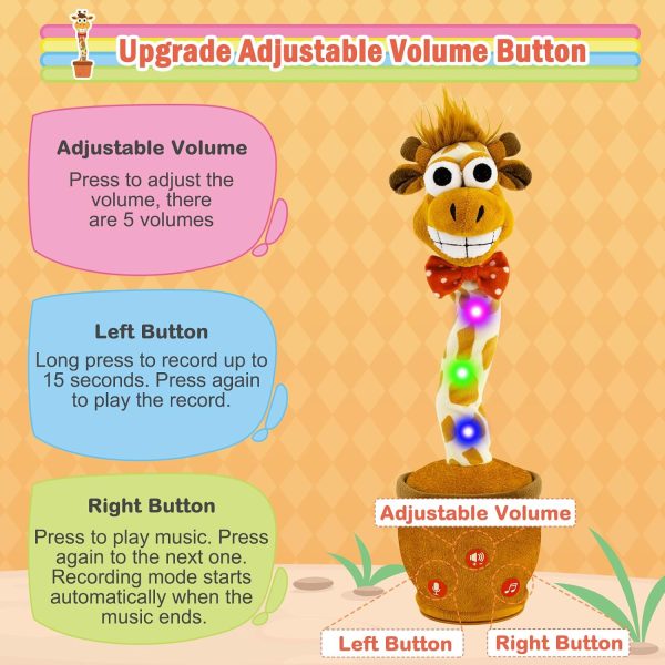 Ayeboovi Dancing Talking Giraffe Mimicking Toy for Boys and Girls, Kids Adjust Volume Talking Recording Repeating What You Say Light Up Plush Toddler Toy, Singing Giraffe with 120 Pcs Songs - Image 4