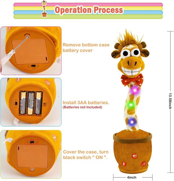 Ayeboovi Dancing Talking Giraffe Mimicking Toy for Boys and Girls, Kids Adjust Volume Talking Recording Repeating What You Say Light Up Plush Toddler Toy, Singing Giraffe with 120 Pcs Songs - Image 9