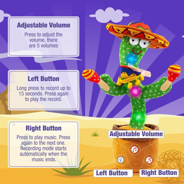Ayeboovi Dancing Talking Cactus Baby Toy, Mimicking Recording Toy Repeats What You Say, Adjustable Volume Singing Cactus with 120 Songs, Interactive Dancing Toy Gifts for Kids Toddlers Boys Girls - Image 6